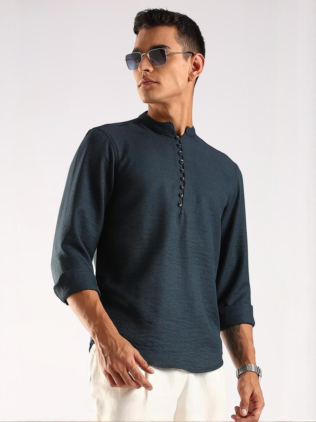 HERE&NOW Men Navy Blue Polyester Kurtas - view 1