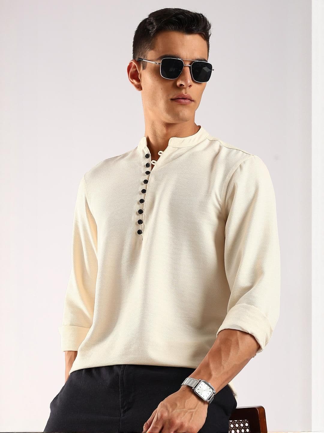 HERE&NOW Men Yellow Polyester Kurtas - view 1