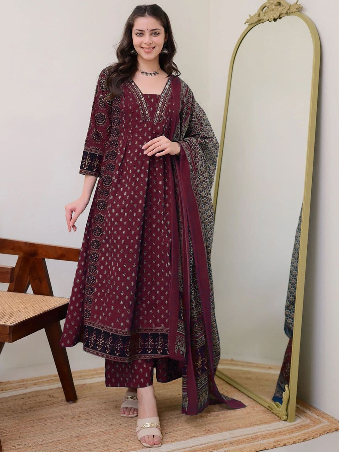 GoSriKi Floral Printed Anarkali Kurta With Palazzos & Dupatta - view 1