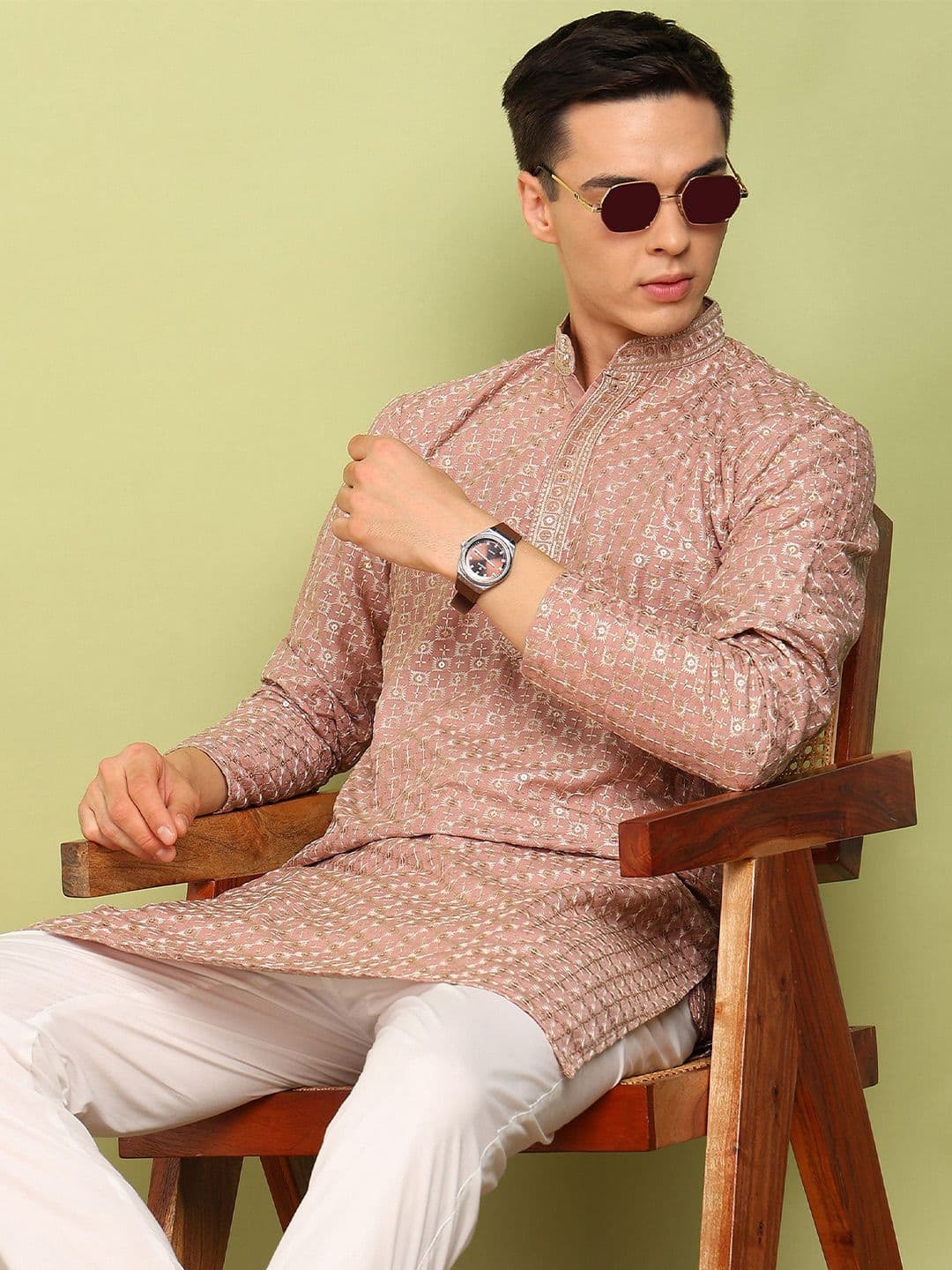 FUBAR Geometric Embroidered Thread Work Mandarin Collar Straight Kurta - view 1