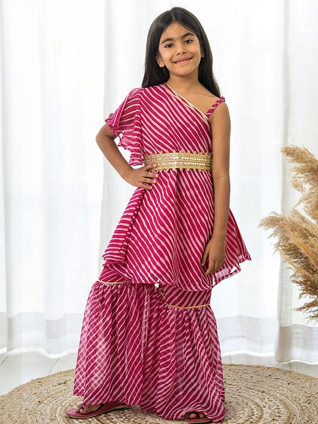 Hopscotch Girls Pink & White Leheriya One Shoulder Kurta with Sharara Set - view 1