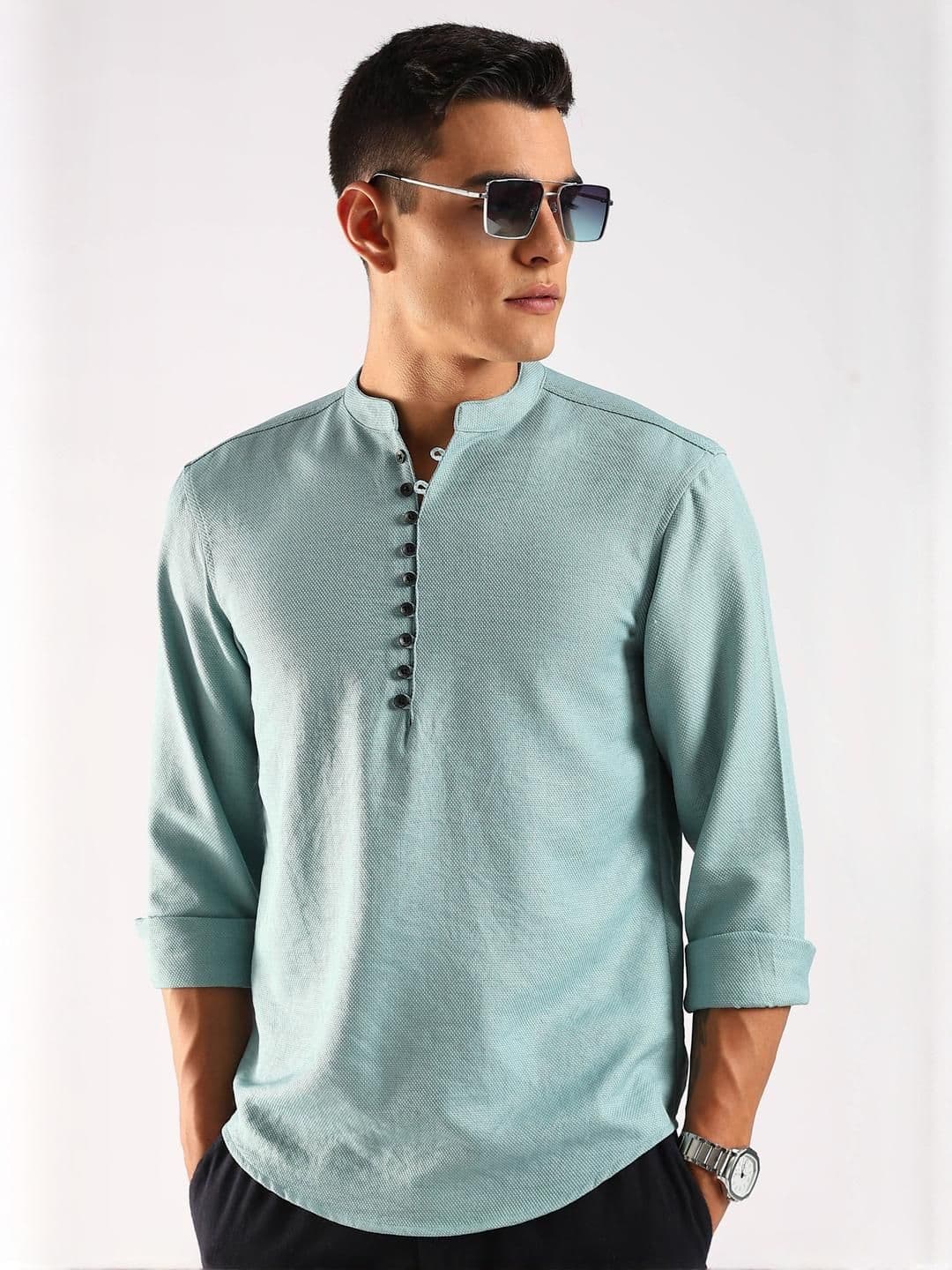 HERE&NOW Men Turquoise Blue Polyester Kurtas - view 1