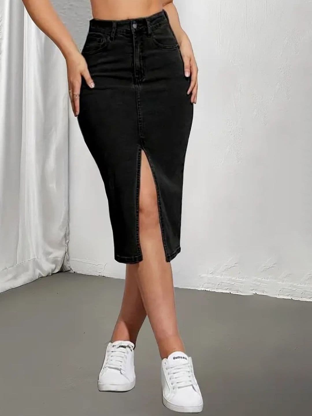 Tripursundari Fashion Denim Straight Midi Skirt - view 1