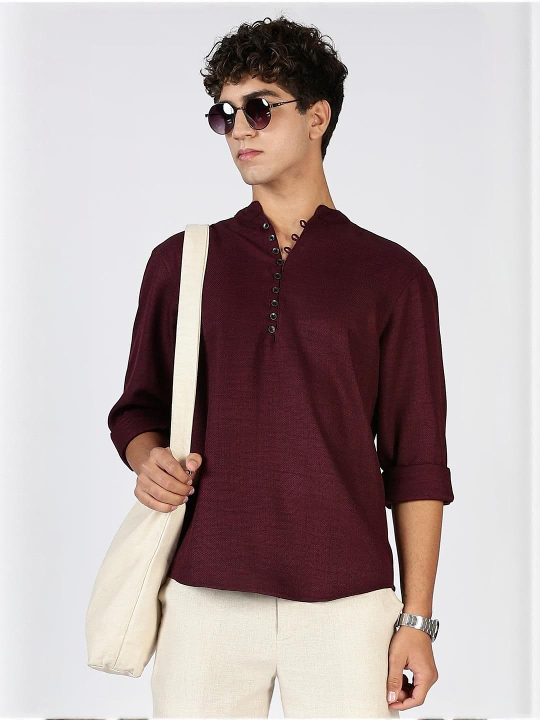 HERE&NOW Men Burgundy Polyester Kurtas - view 1