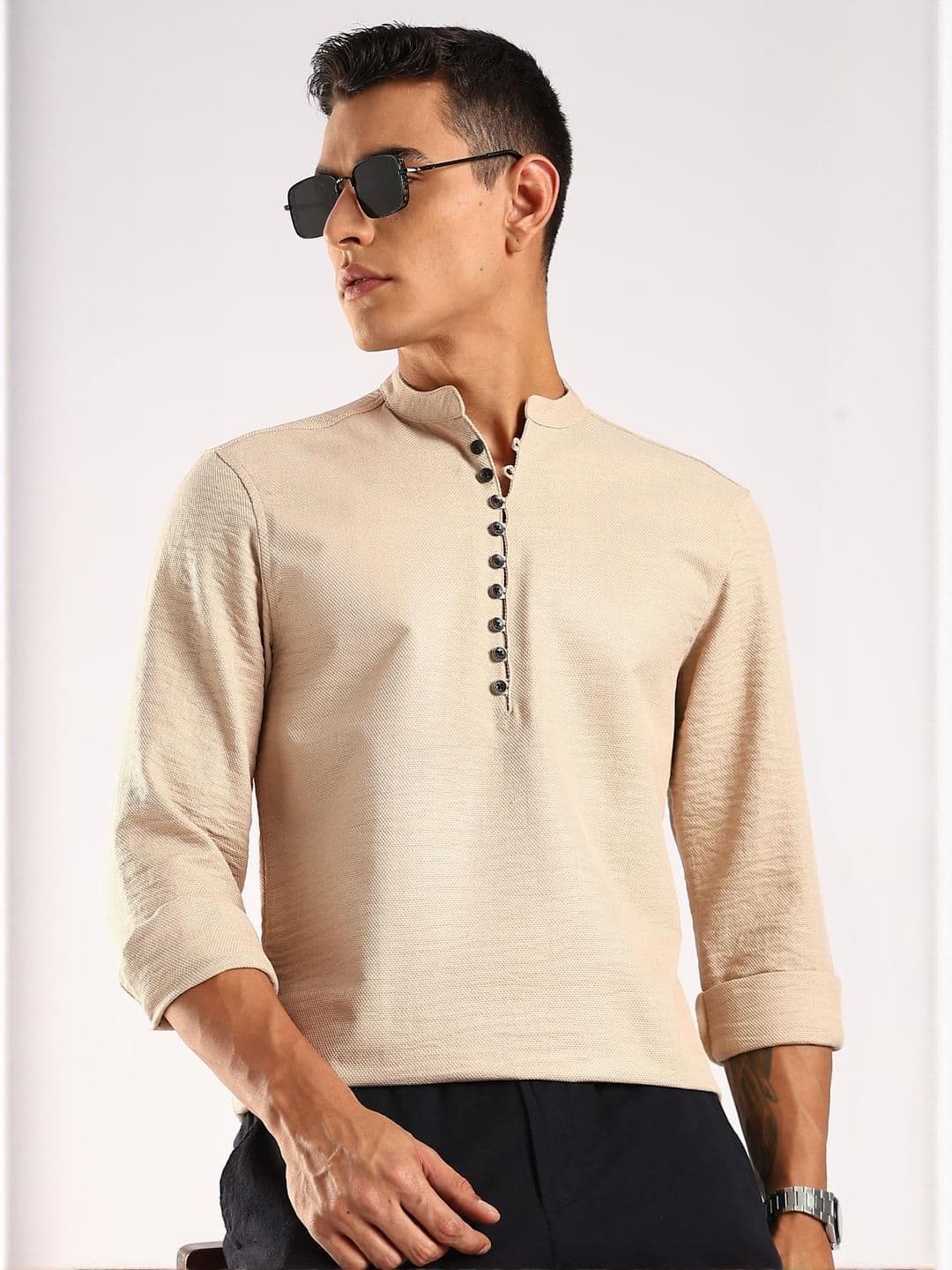 HERE&NOW Men Beige Polyester Kurtas - view 1