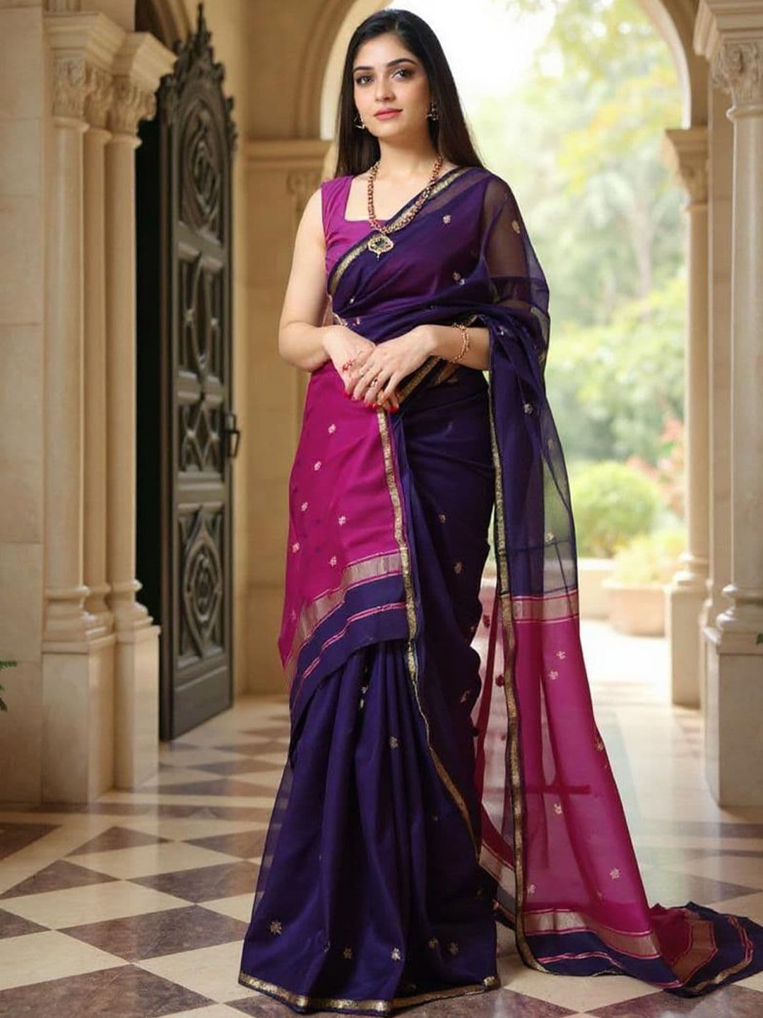 VILLE FASHION Woven Design Zari Saree With Blouse Piece - view 1