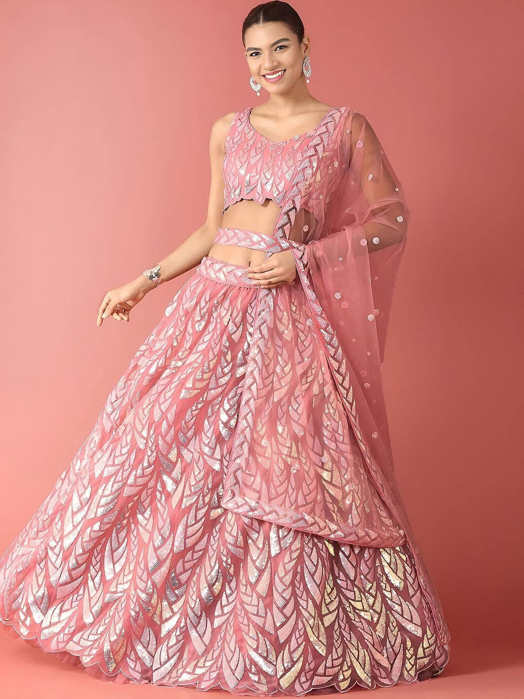 ETHNIC PLUS Pink Embroidered Sequinned Semi-Stitched Net Lehenga & Blouse With Dupatta - view 1