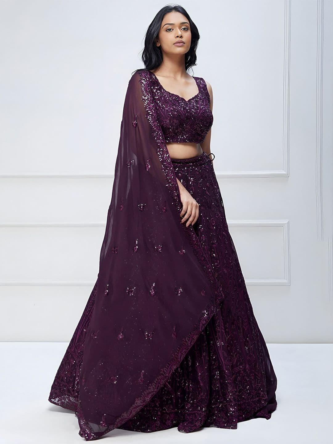 ETHNIC PLUS Purple Embroidered Sequinned Semi-Stitched Georgette Lehenga & Blouse With Dupatta - view 1