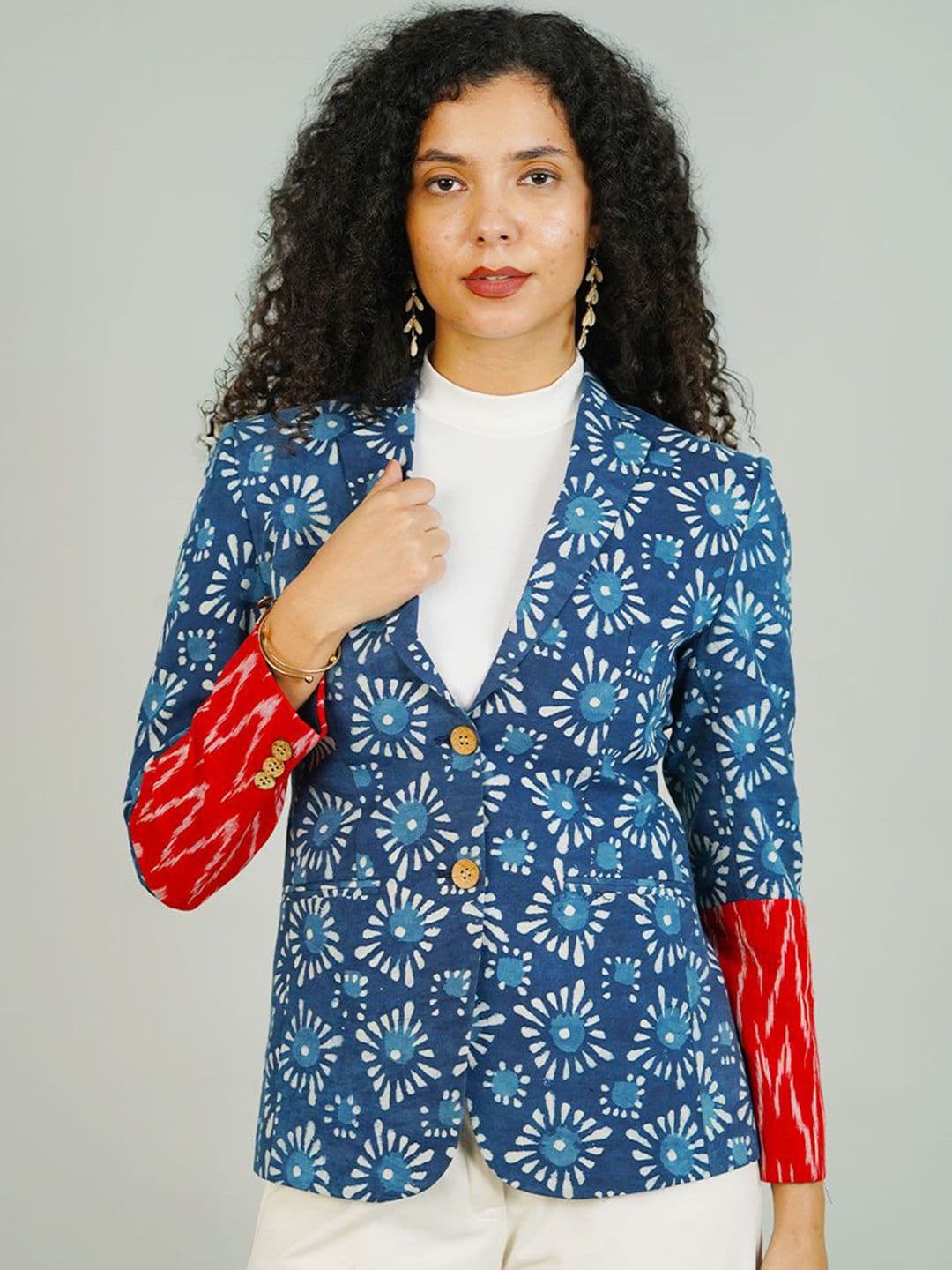 INDOPHILIA Women Printed Notched Lapel Cotton Single-Breasted Blazer - view 1