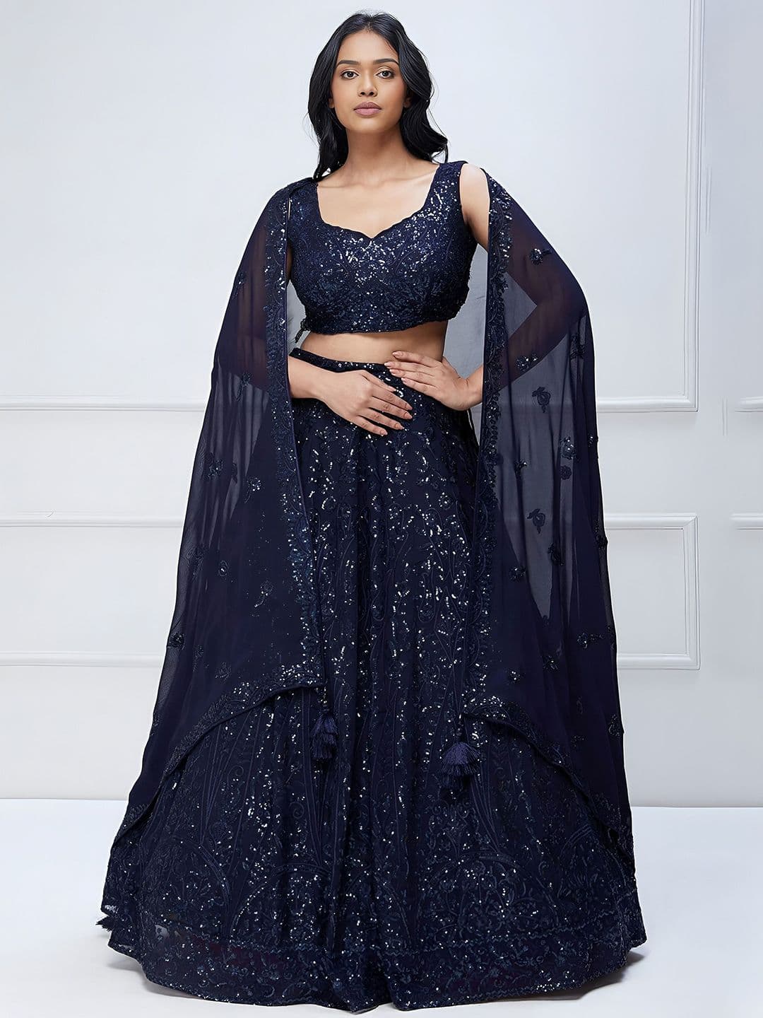 ETHNIC PLUS Women Embroidered Blue Sequinned Semi-Stitched Lehenga & Unstitched Blouse With Dupatta - view 1
