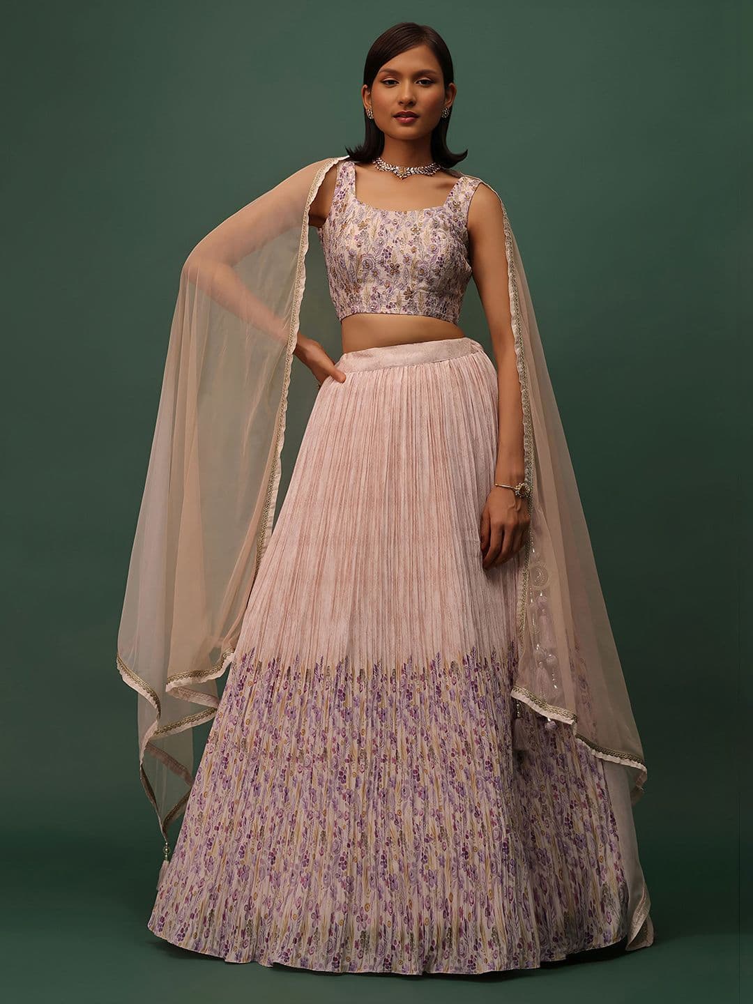 ETHNIC PLUS Beige Embroidered Sequinned Semi-Stitched Georgette Lehenga & Blouse With Dupatta - view 1