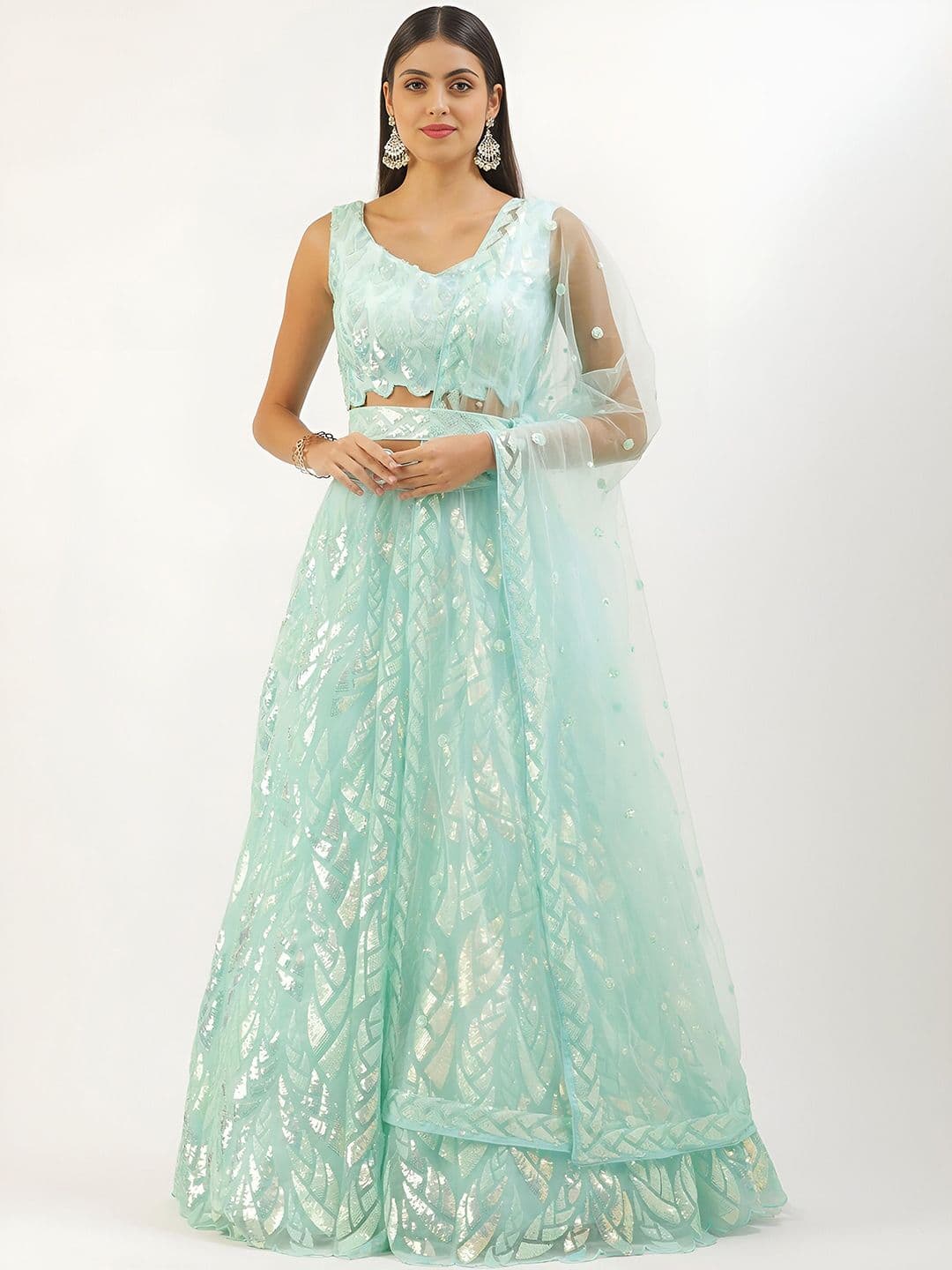 ETHNIC PLUS Embroidered Sequinned Semi-Stitched Lehenga & Unstitched Blouse With Dupatta - view 1