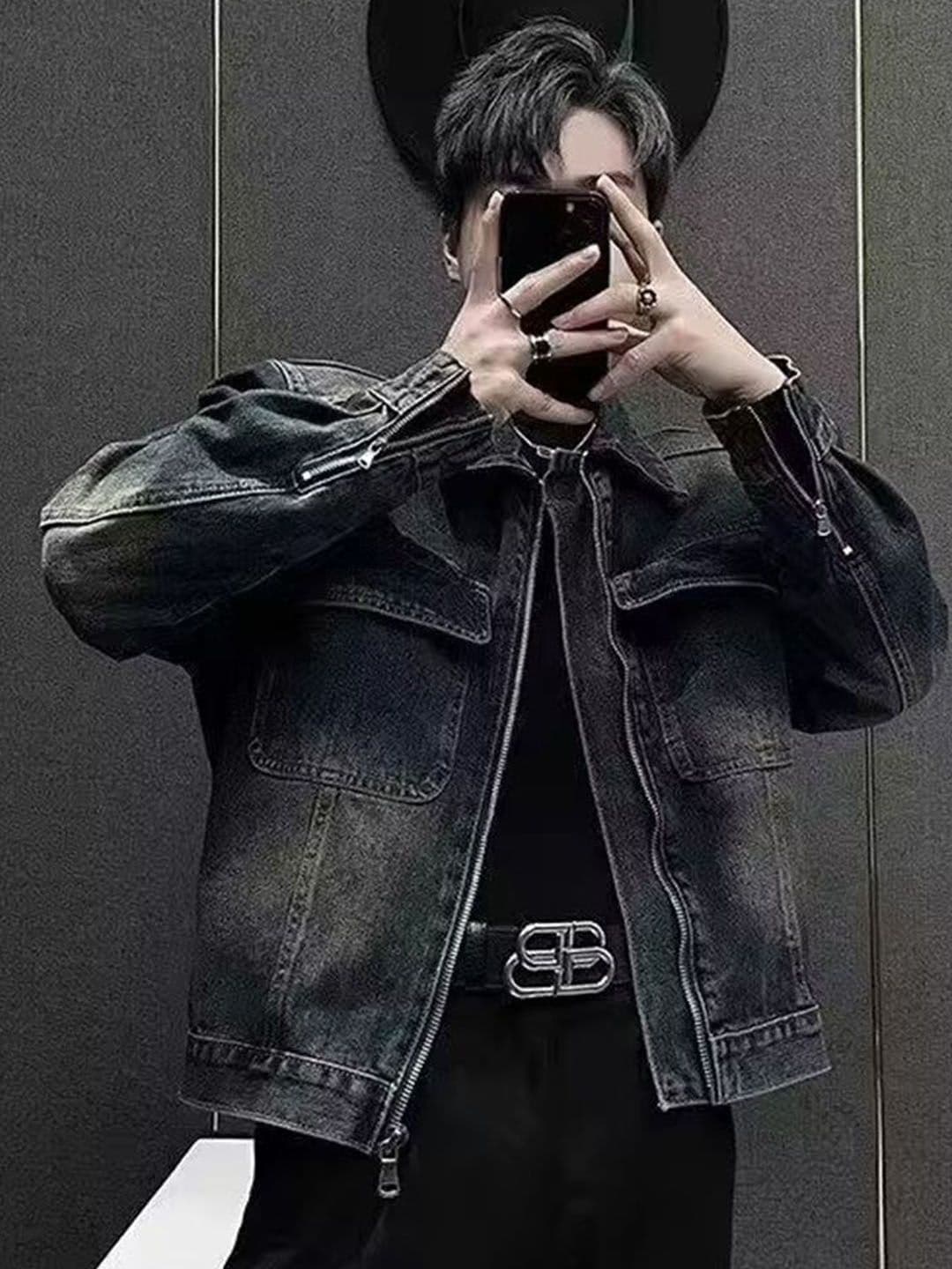 StyleCast Men Stand Collar Long Sleeves Solid Washed Denim Jacket - view 1