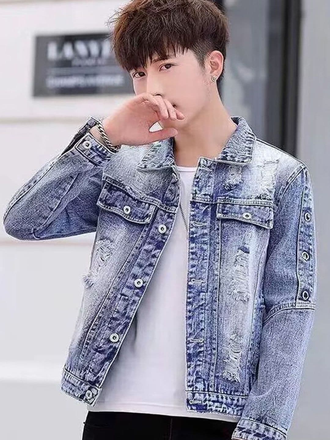 StyleCast Men Stand Collar Printed Denim Jacket - view 1