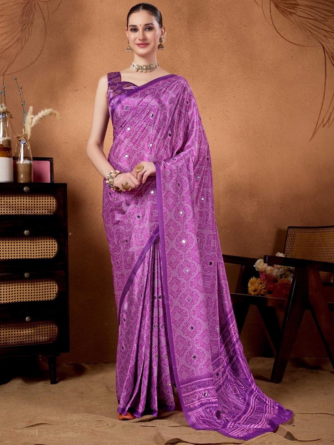 RACHNA Lavender Embellished Bandhani Printed Mirror Work Ready To Wear Saree - view 1