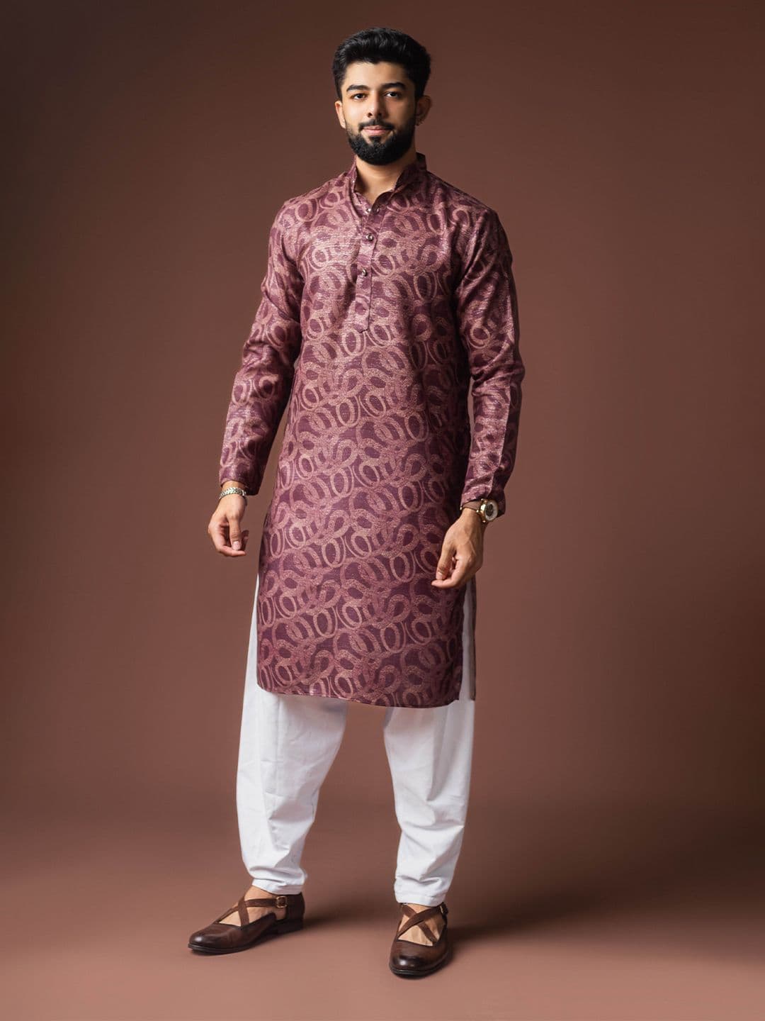 Rawayi Men Geometric Woven Design Festive Linen Straight Kurta - view 1