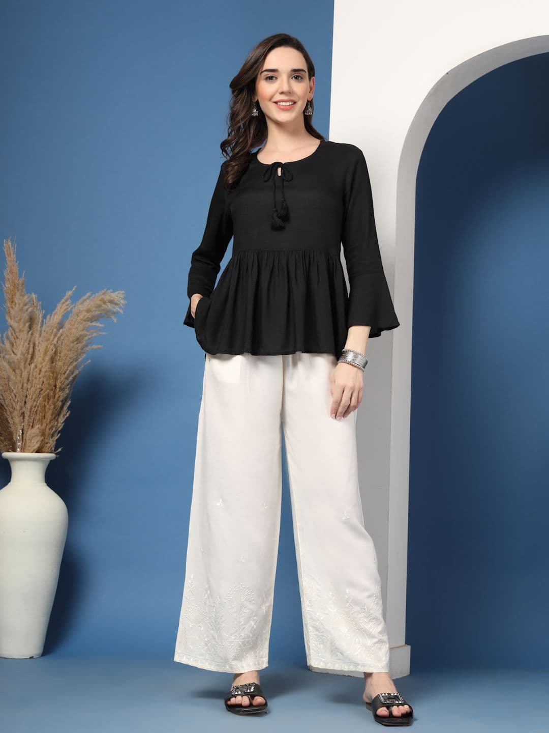 KATLINE Women Floral Embroidered Straight Palazzo - view 1