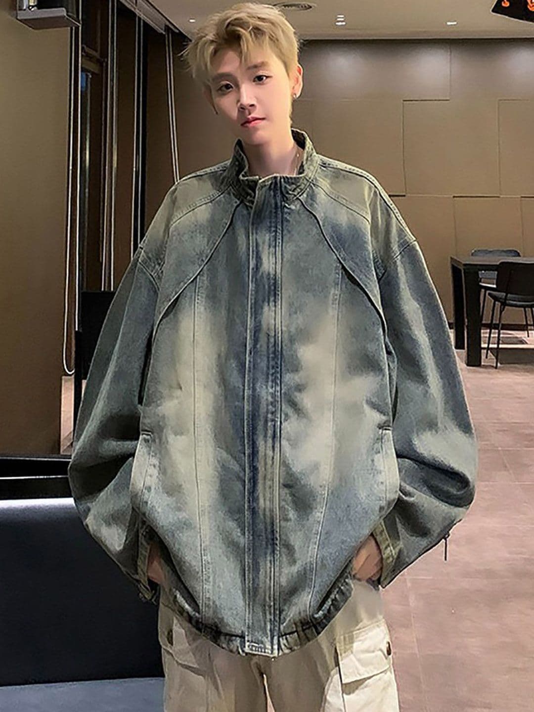 StyleCast Men Stand Collar Washed Longline Denim Jacket - view 1
