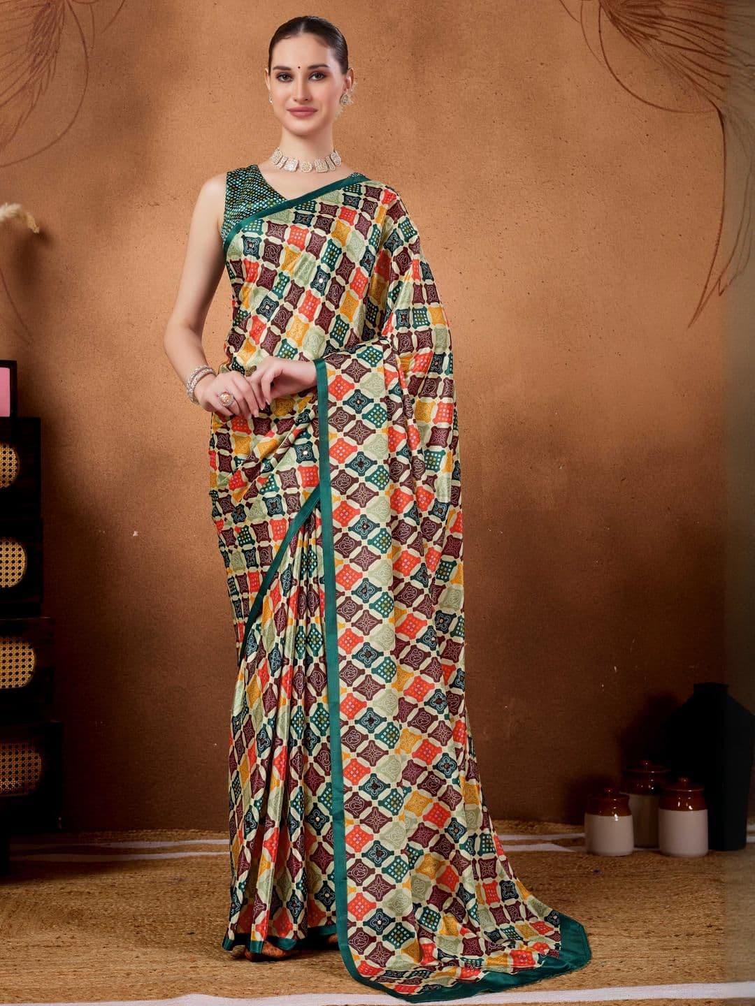 RACHNA Embalished Bandhani Colorblock Printed mirror Work Ready To Wear Saree - view 1