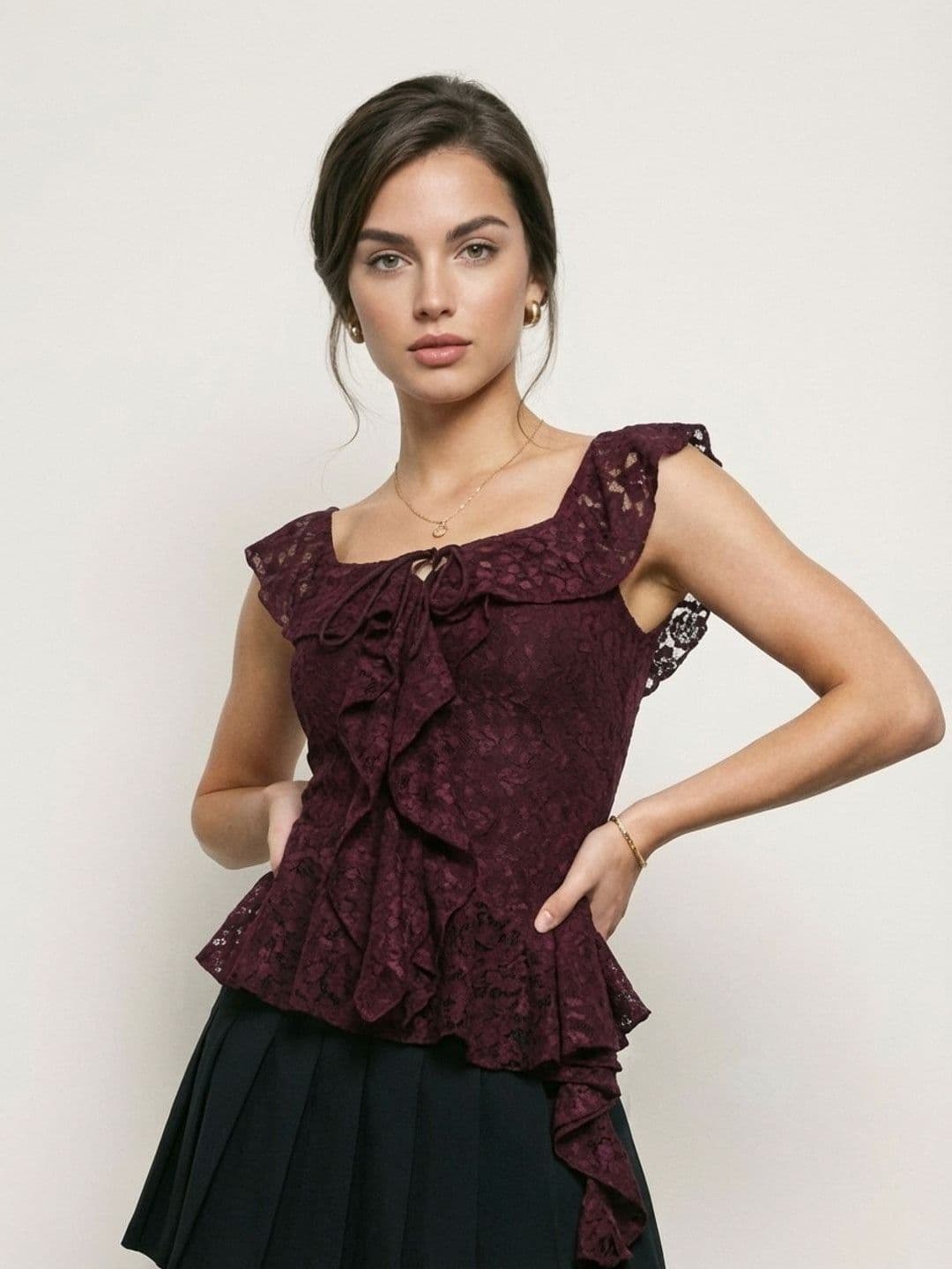 Phosphorus Floral Lace Flutter Sleeves Ruffles Fitted Top - view 1