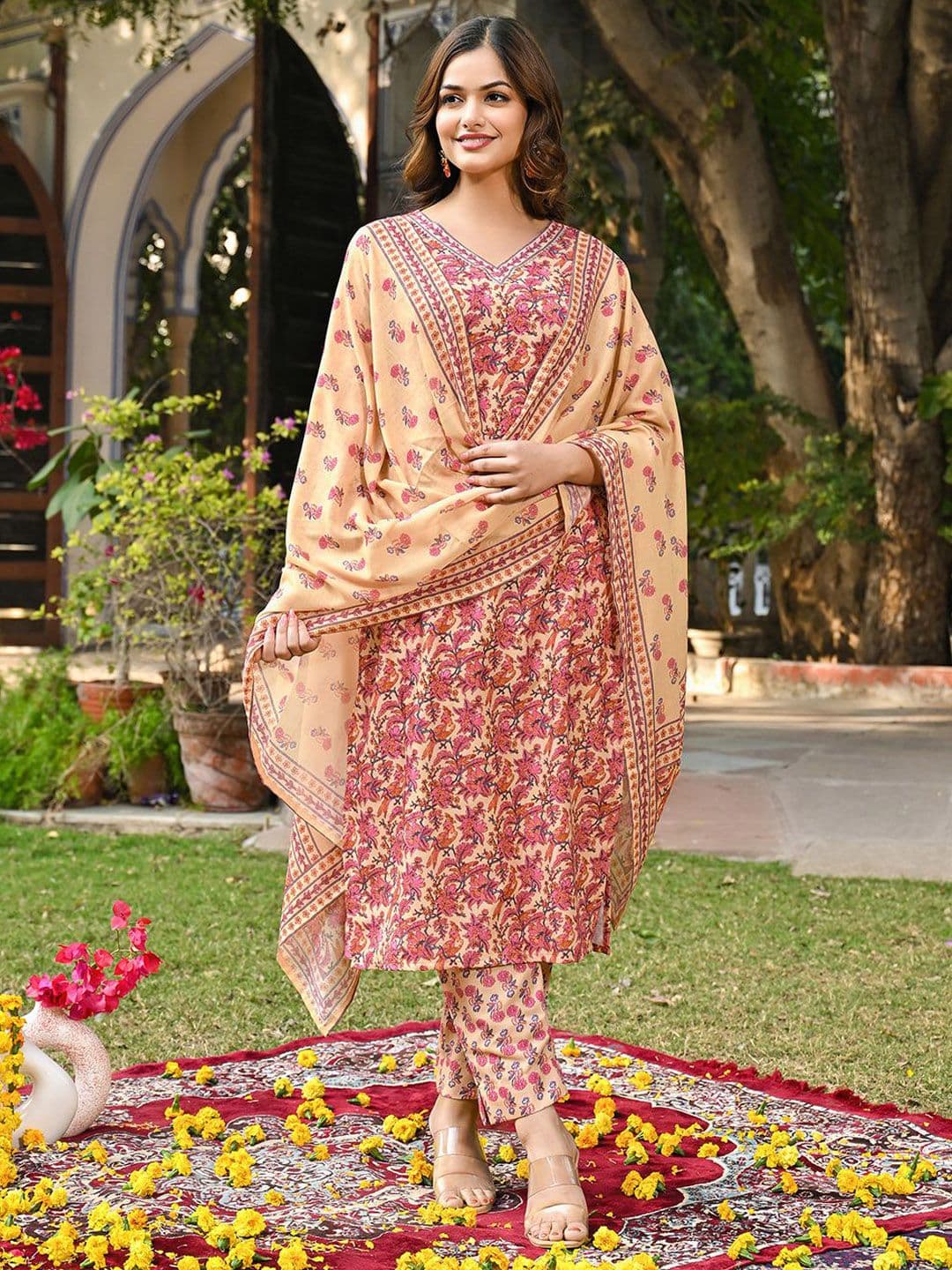 KALINI Women Floral Printed Regular Kurta with Trousers & With Dupatta - view 1