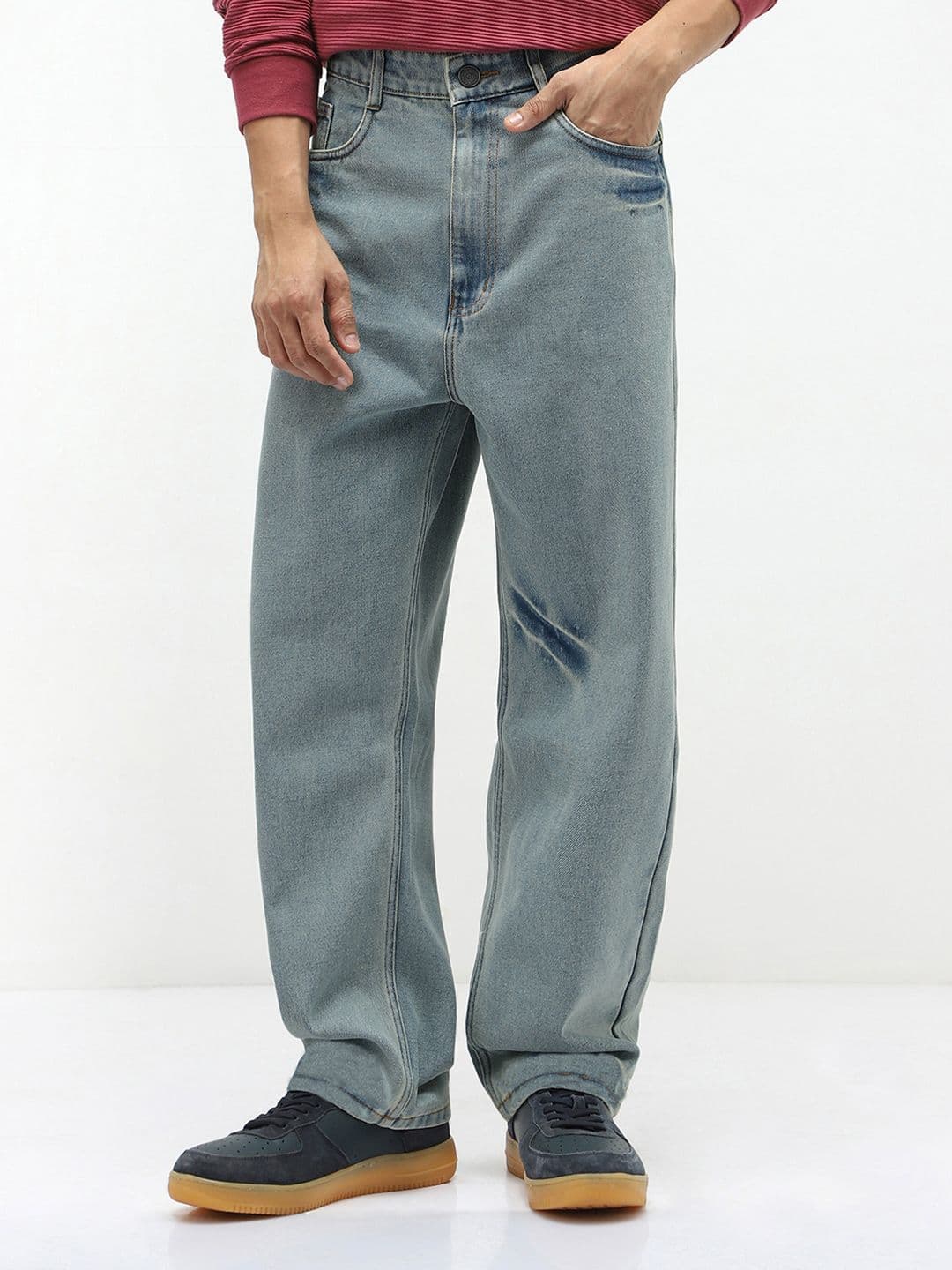 Urbano Fashion Men's Ice Blue Loose Baggy Fit Non-Stretchable Washed Cotton Jeans - view 1