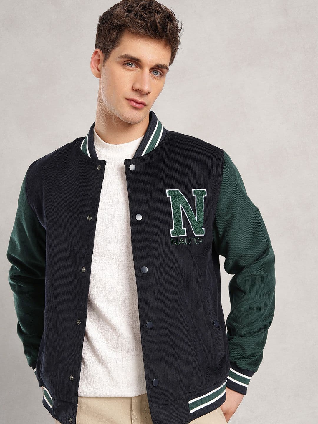 Nautica Brand Logo Embroidered Mandarin Collar Corduroy Varsity Bomber Jacket - view 1