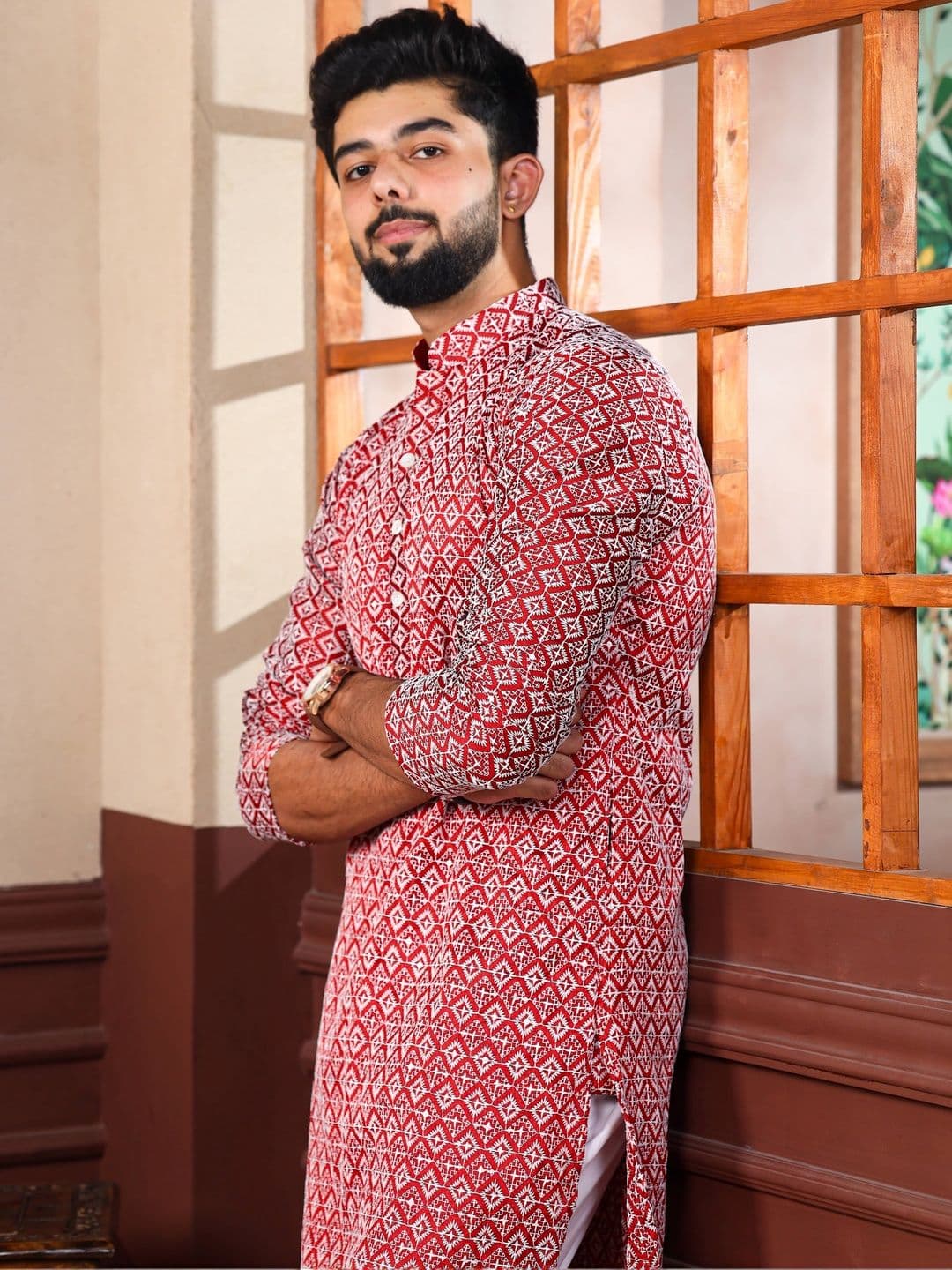 SHOBHIT Men Geometric Printed Thread Work Handloom Kurta - view 1