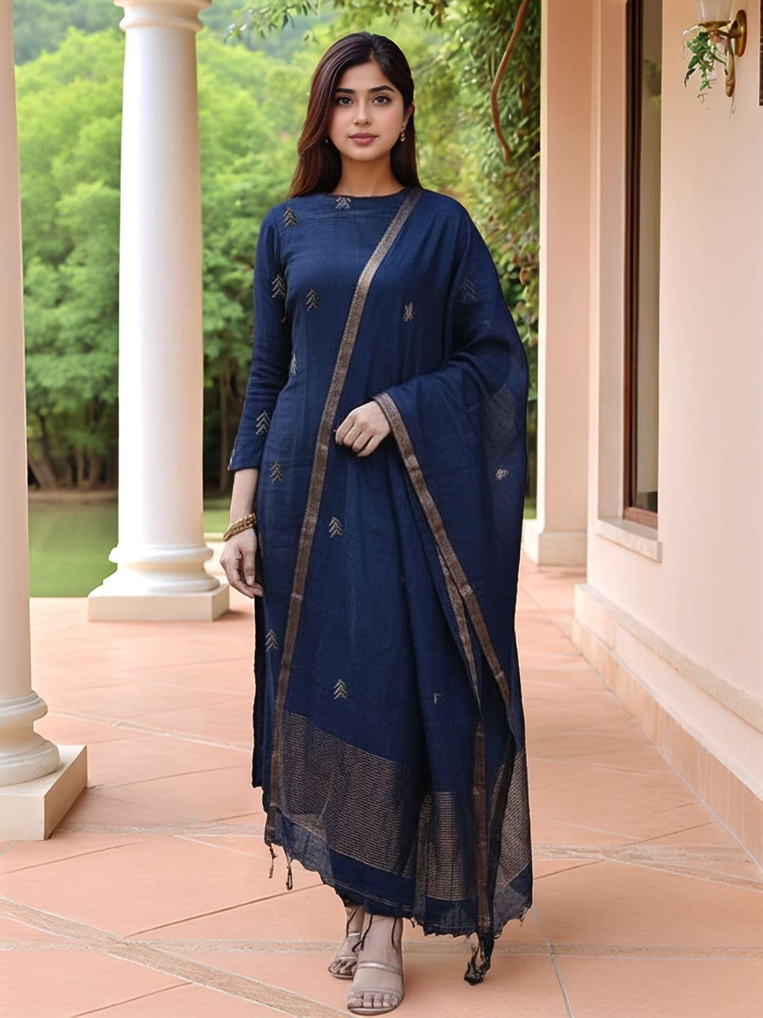 Aaghnya Women Ethnic Motifs Embroidered Regular Thread Work Kurta with Trousers & With Dupatta - view 1