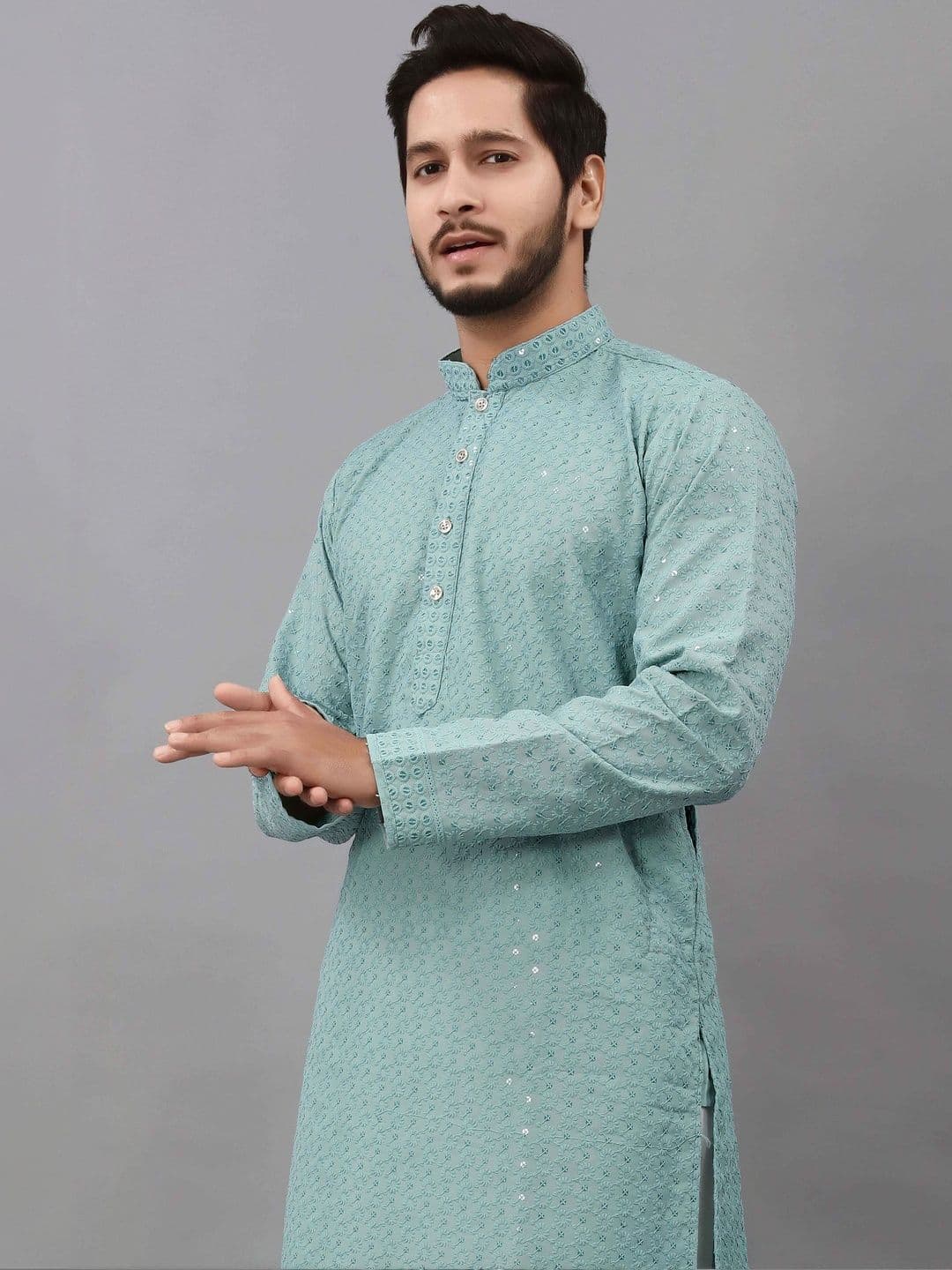 ALMORA Men Geometric Embroidered Thread Work Handloom Anarkali Kurta - view 1