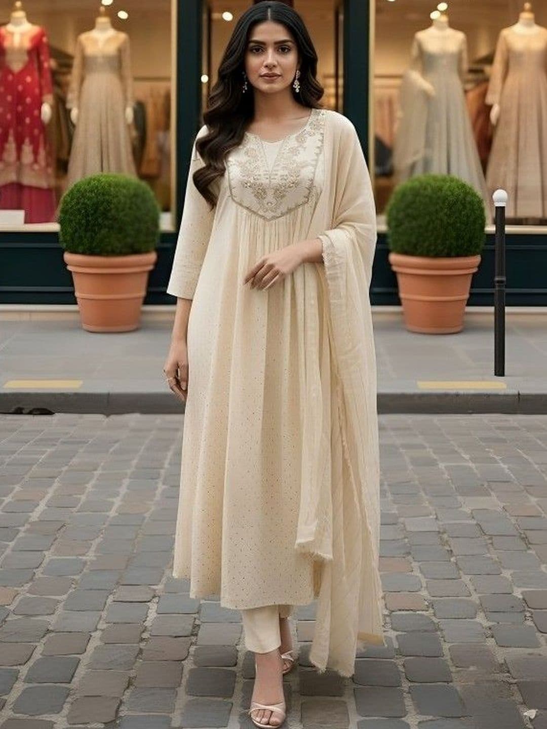 NEW ETHNIC 4 YOU Women Ethnic Motifs Embroidered Tiered Thread Work Kurta with Trousers & With Dupatta - view 1