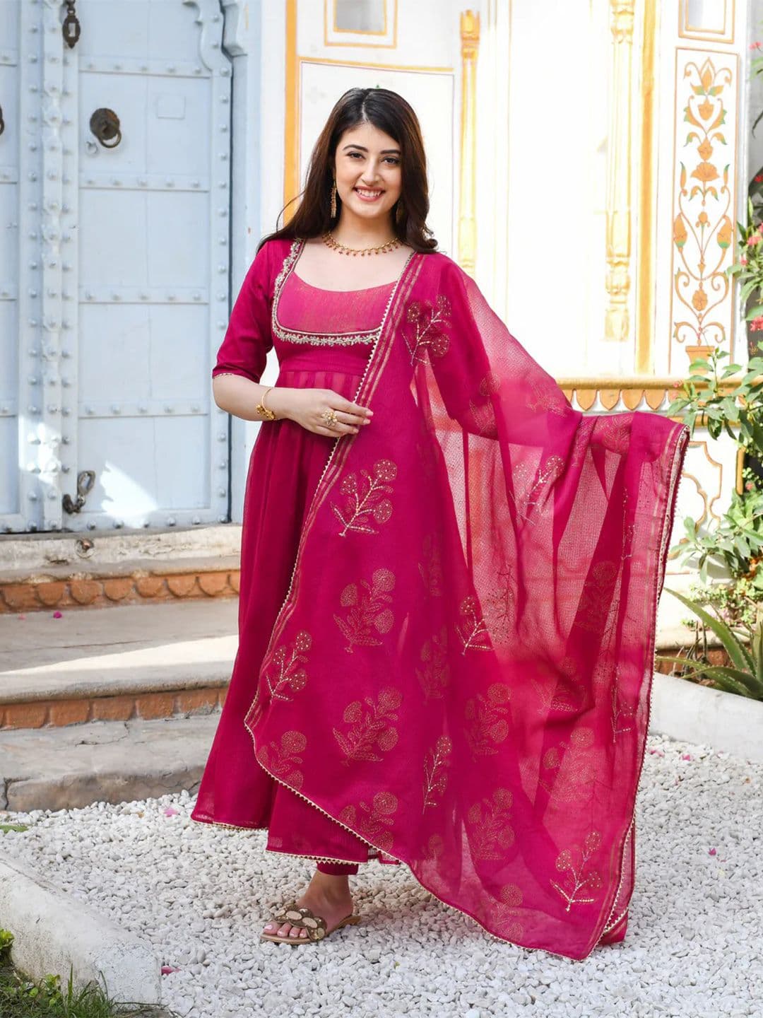 Handish Women Floral Tiered Thread Work Kurta with Trousers & With Dupatta - view 1