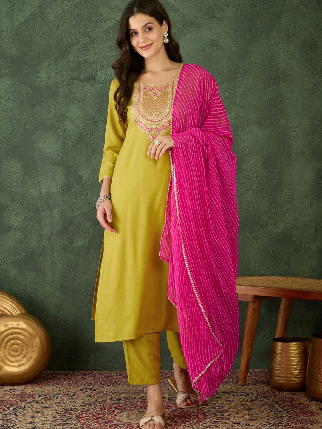 KALINI Women Ethnic Motifs Embroidered Regular Thread Work Kurta with Trousers & With Dupatta - view 1