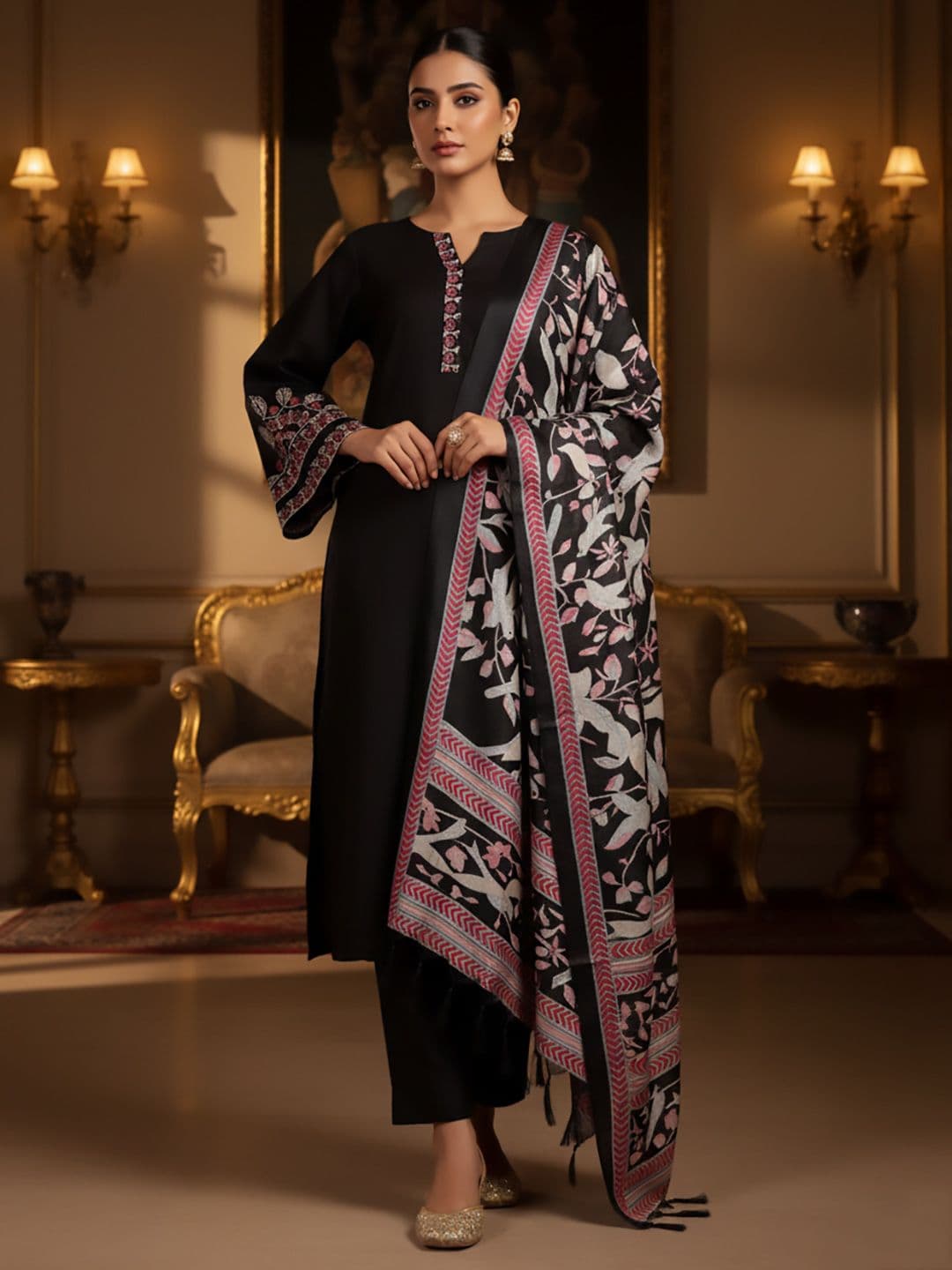 House of Pataudi Embroidered Round Neck Kurta & Trousers with Dupatta Set - view 1
