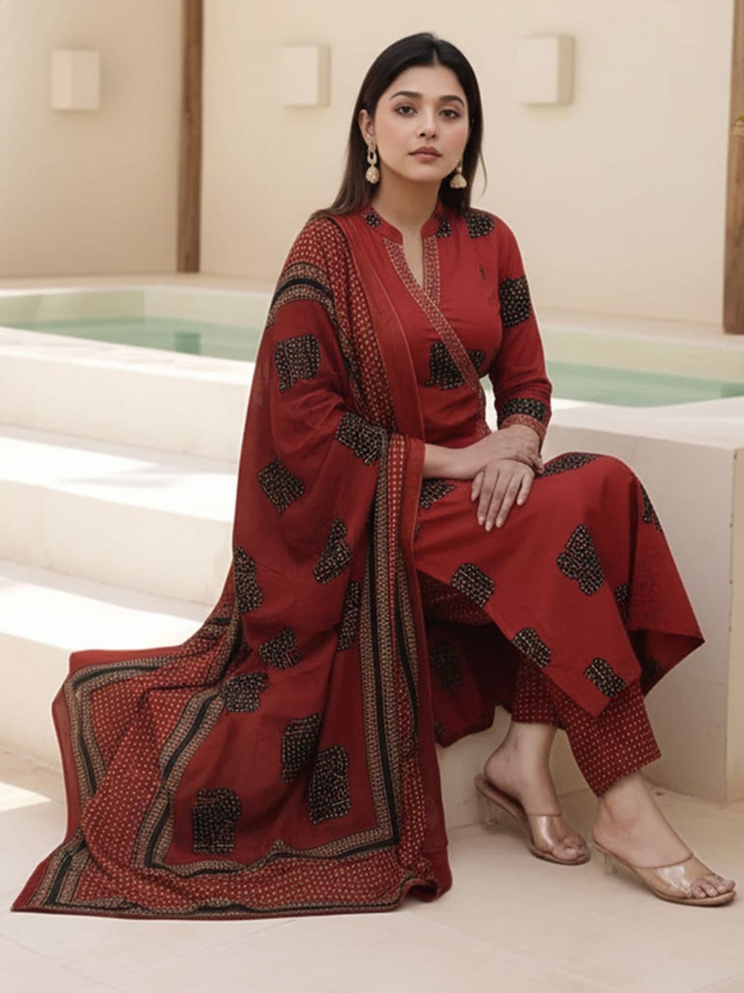 Aaghnya Ethnic Motifs Printed Notch Neck Angrakha A-Line Kurta With Trousers & Dupatta - view 1