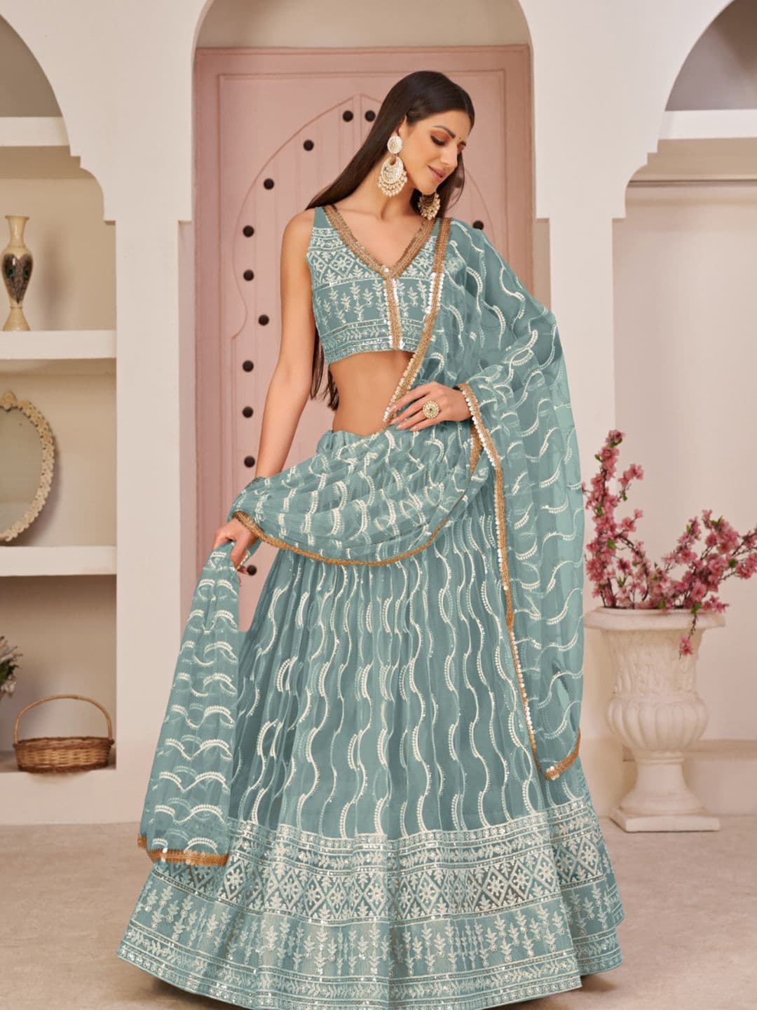 EthniQlo Teal Blue Embroidered Lehenga choli In Net - view 1