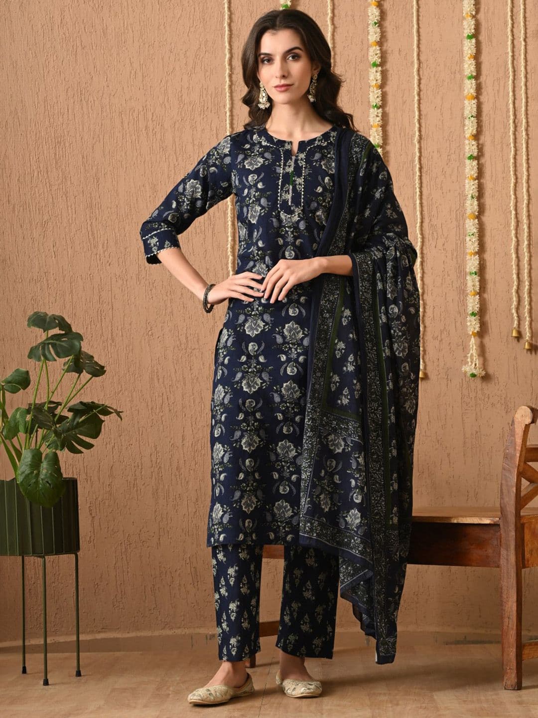 KALINI Women Floral Printed Regular Pure Cotton Kurta with Trousers & With Dupatta - view 1