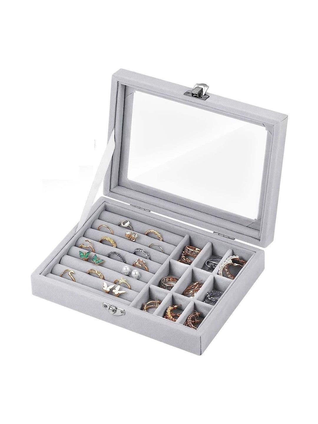 Firstseen Grey Jewelry Organizer Box with Glass Lid Ring Storage Display Case - view 1