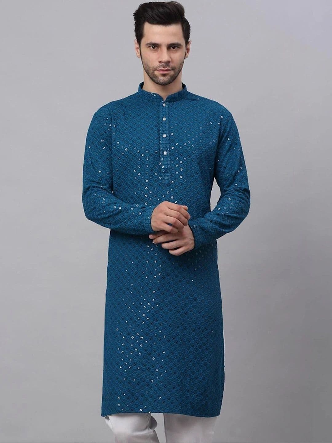 TARUNCOLLECTION Men Geometric Embroidered Flared Sleeves Thread Work Handloom Kurta - view 1
