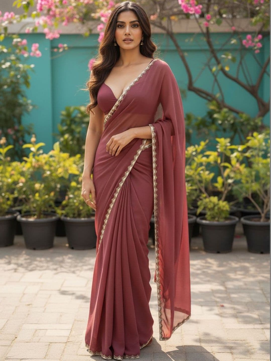 LOROFY Beads and Stones Satin Saree - view 1