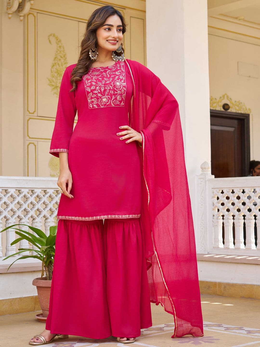 VIBE VISION Women Ethnic Motifs Embroidered Regular Thread Work Pure Silk Kurta with Sharara & With Dupatta - view 1