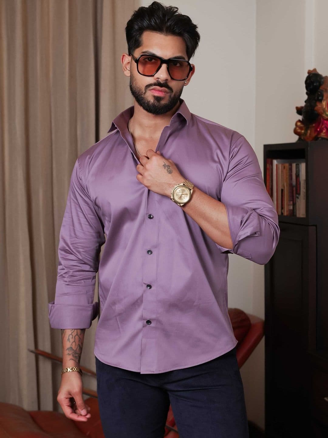 Foomer Men Satin Cotton Solid Spread Collar Classic Casual Shirt - view 1