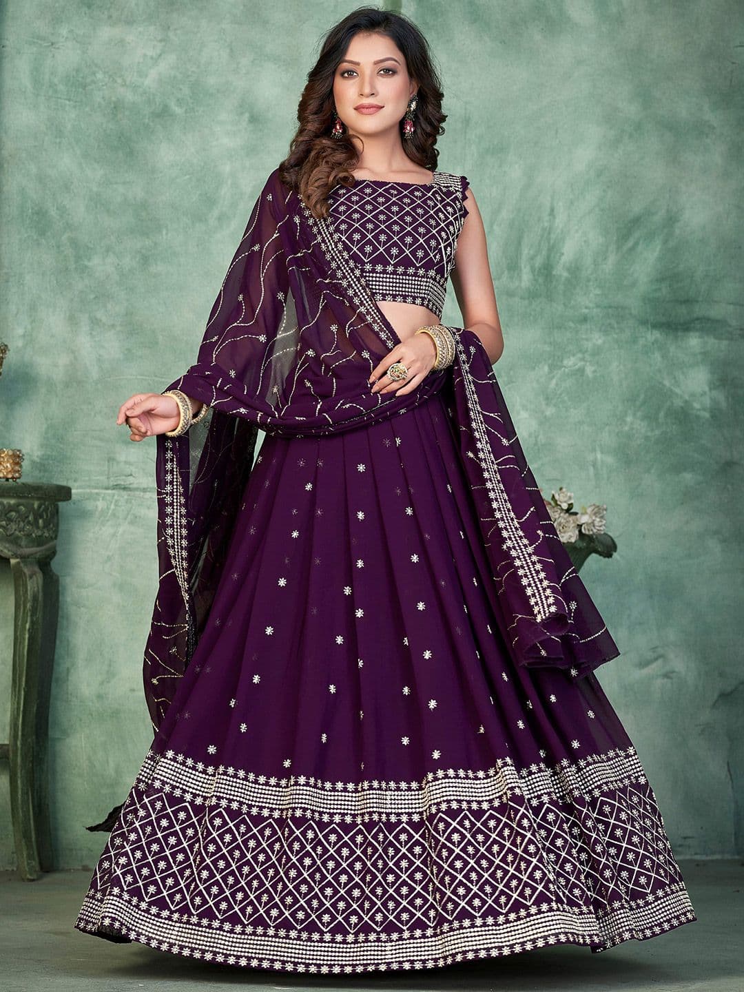 Warthy Ent Embroidered Thread Work Semi-Stitched Lehenga & Unstitched Blouse With Dupatta - view 1