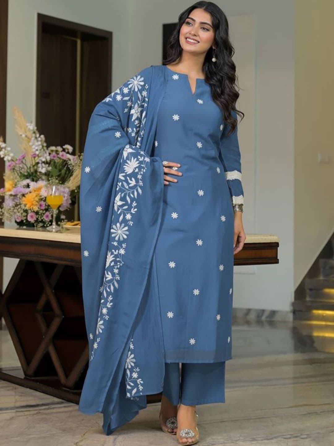 Moda Rapido Women Ethnic Motifs Embroidered Regular Thread Work Chanderi Cotton Kurta with Trousers & With - view 1