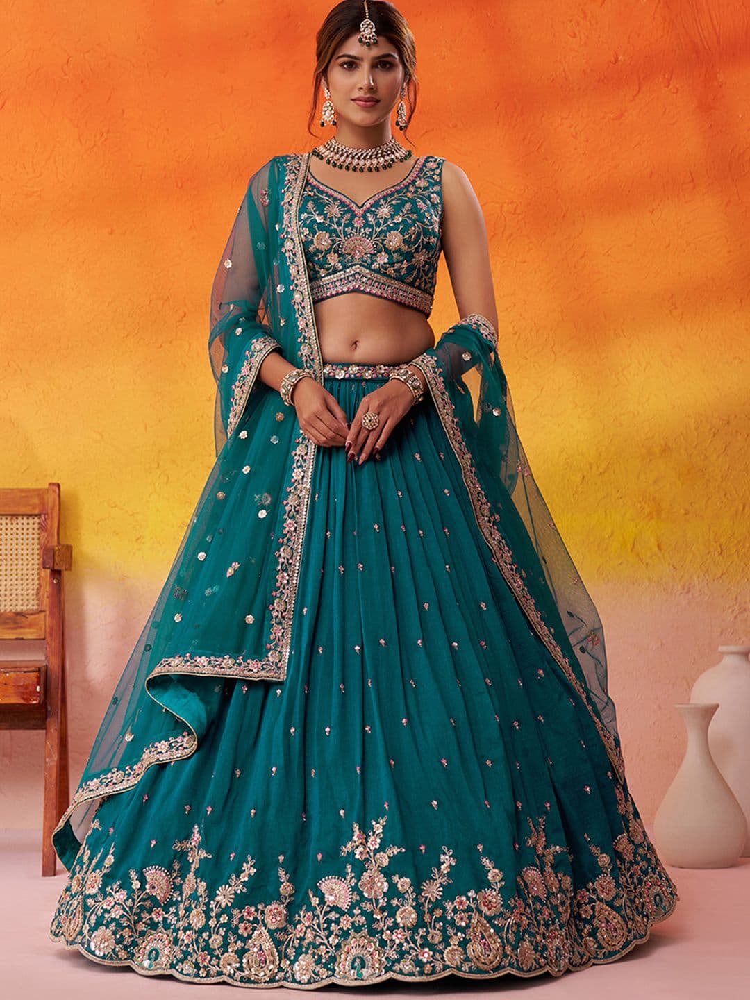 panchhi Sequinned Embroidered Lehenga Choli With Dupatta - view 1