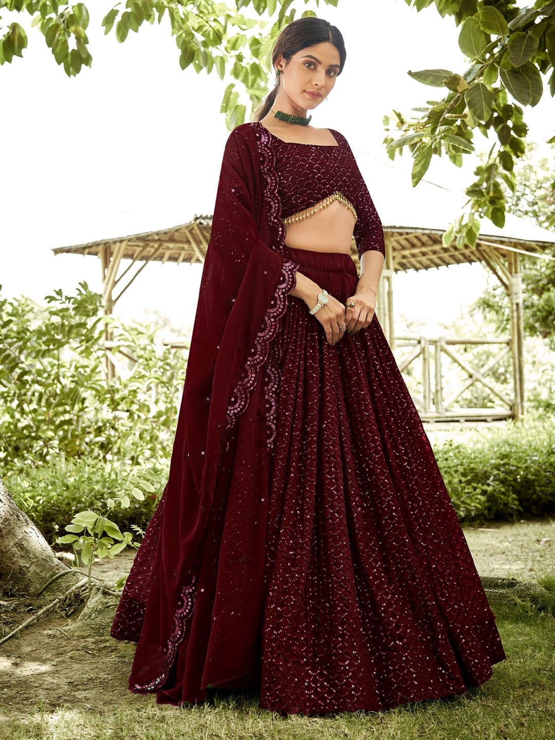 Warthy Ent Embroidered Sequinned Semi-Stitched Lehenga & Unstitched Blouse With Dupatta - view 1
