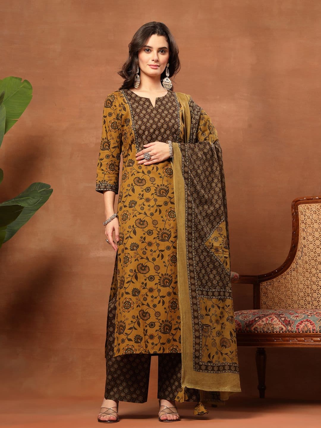 KIMAYRA Women Ethnic Motifs Printed Regular Pure Cotton Kurta with Palazzos & With Dupatta - view 1