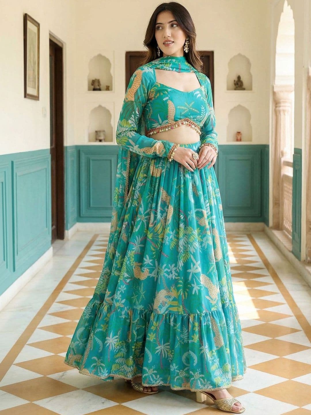 Kaizen TEXO FAB Printed Beads and Stones Semi-Stitched Lehenga & Blouse With Dupatta - view 1