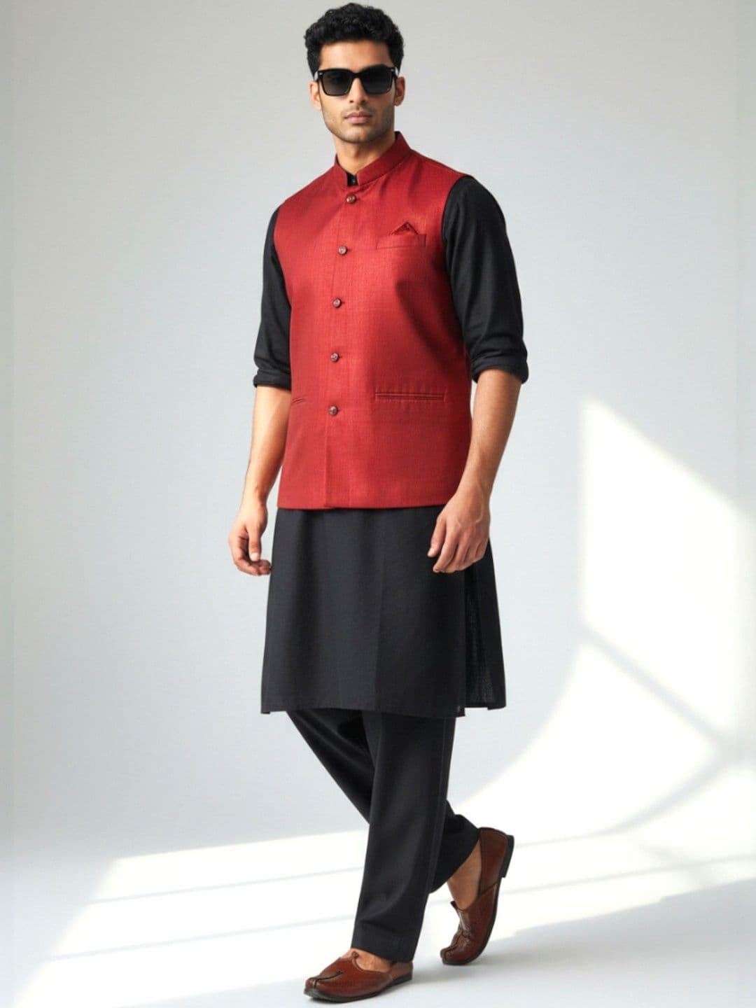 PRETANSHAH Mandarin Collar Neck Woven Nehru Jackets - view 1