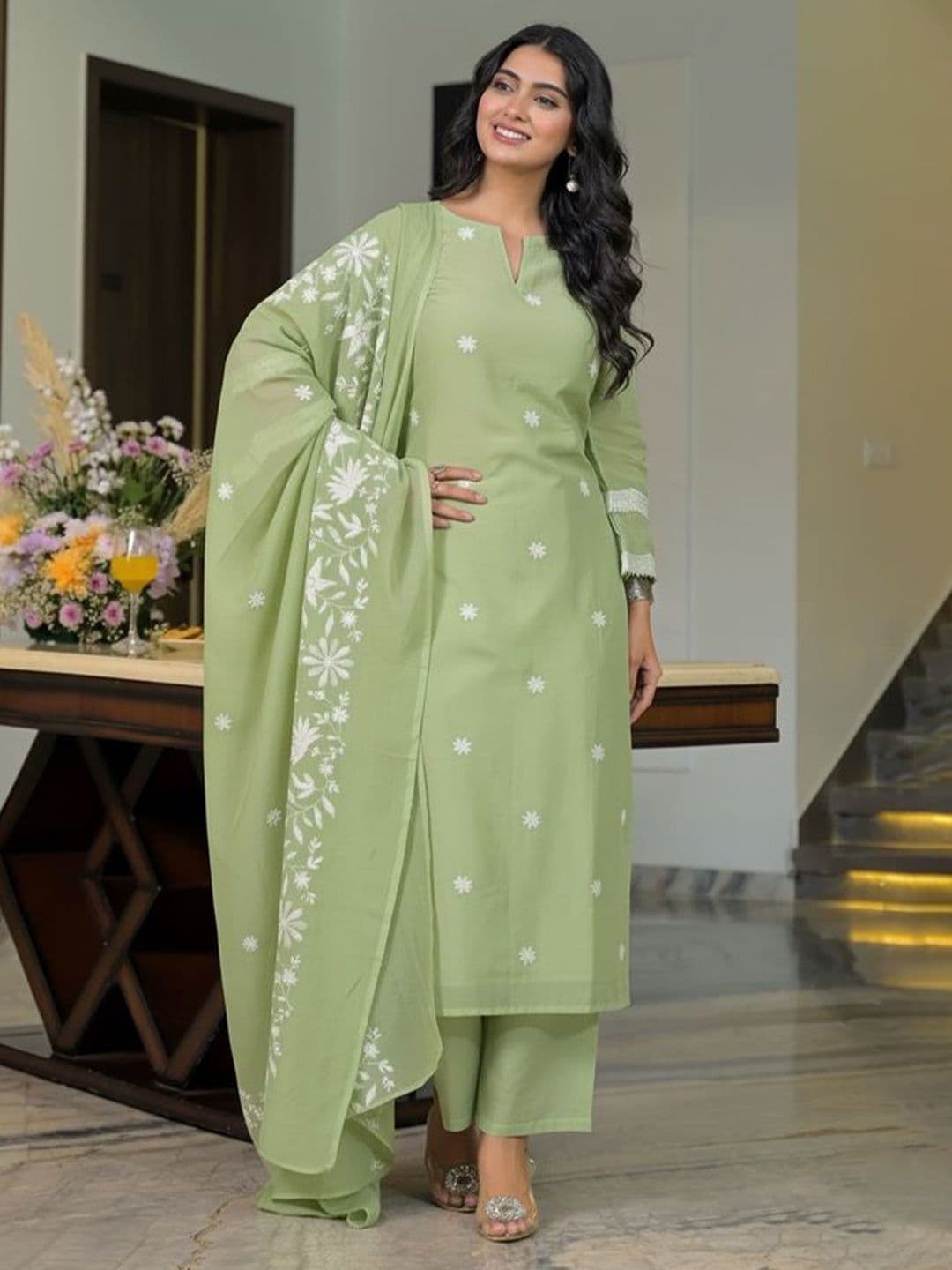 Moda Rapido Women Ethnic Motifs Embroidered Regular Thread Work Chanderi Cotton Kurta with Trousers & With - view 1